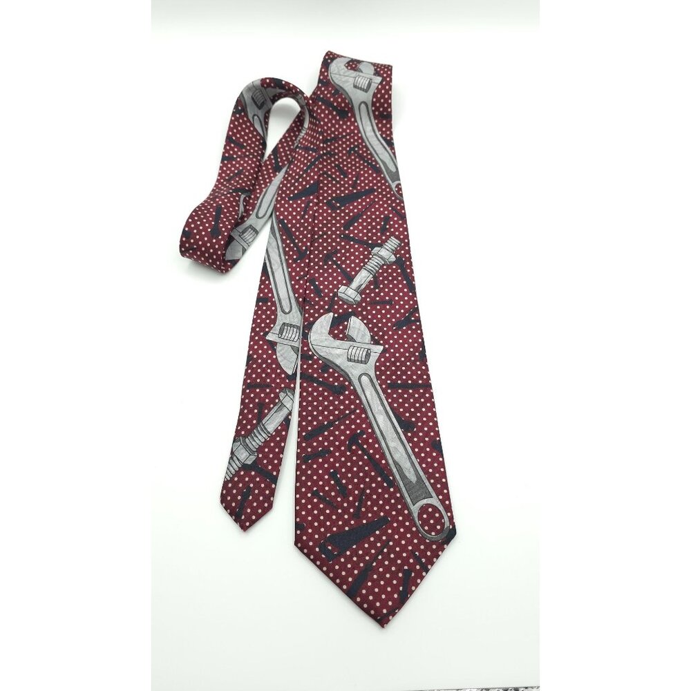 Home Improvement Giant Wrench Novelty Tie Red With Polka Dots & Tools Design